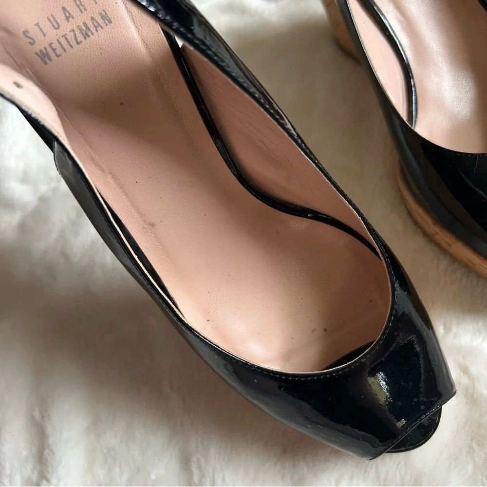 Stuart Weitzman black patent leather jean peep toe cork wedge sandals 9.5 - Picture 5 of 12